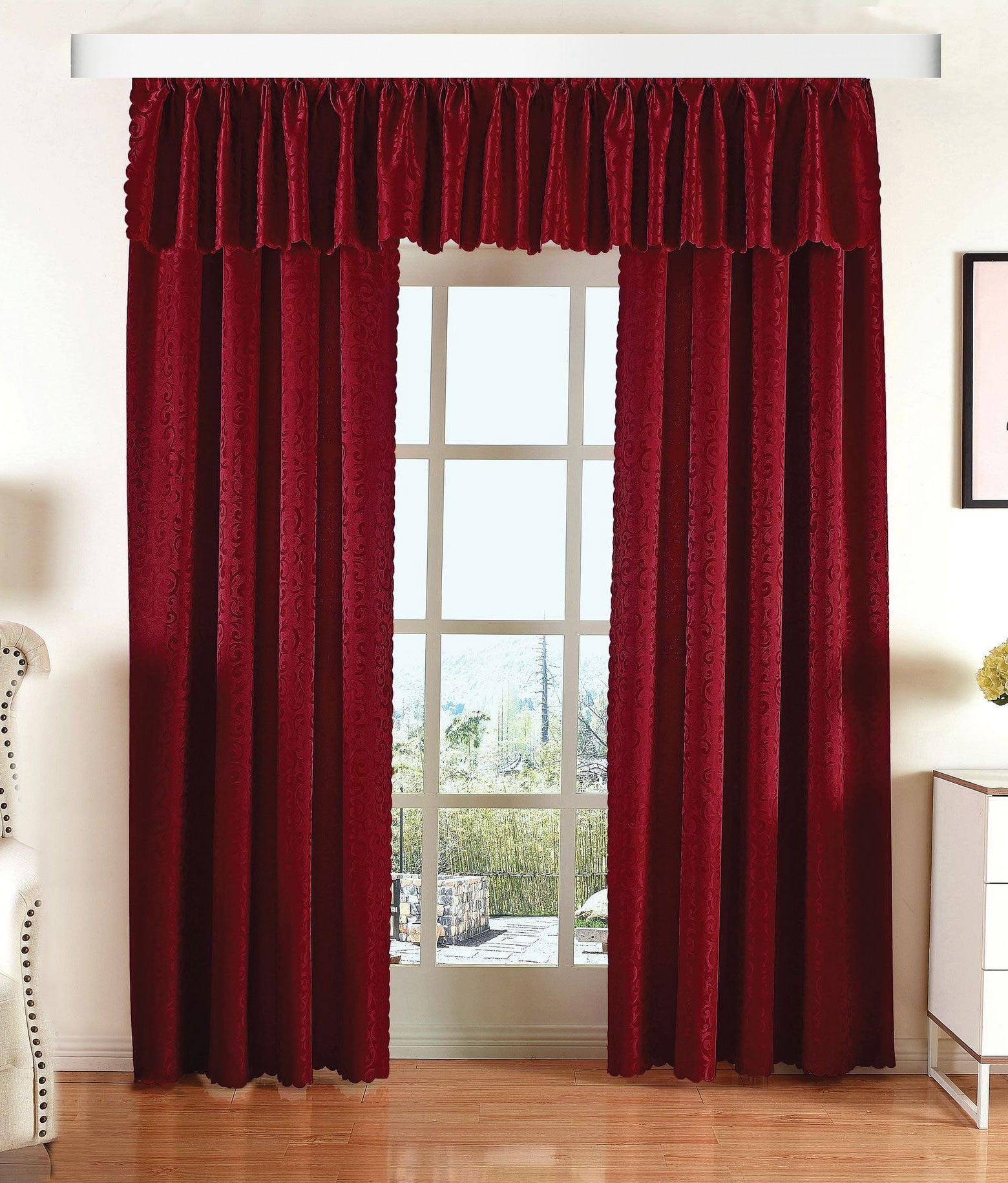 Halley Damast Gardinen Set, 5 Teile, eingenähtes Kräuselband bewährte Jacquard Qualität, blickdicht 20108 Bordeaux Vorhang Set Halley_Damast_Gardinen_Set_5_Teile_eingenahtes_Krauselband_bewahrte_Jacquard_Qualitat_blickdicht_20108_-_Gardinenbox.de_-_-3684743 | Gardinenbox.de
