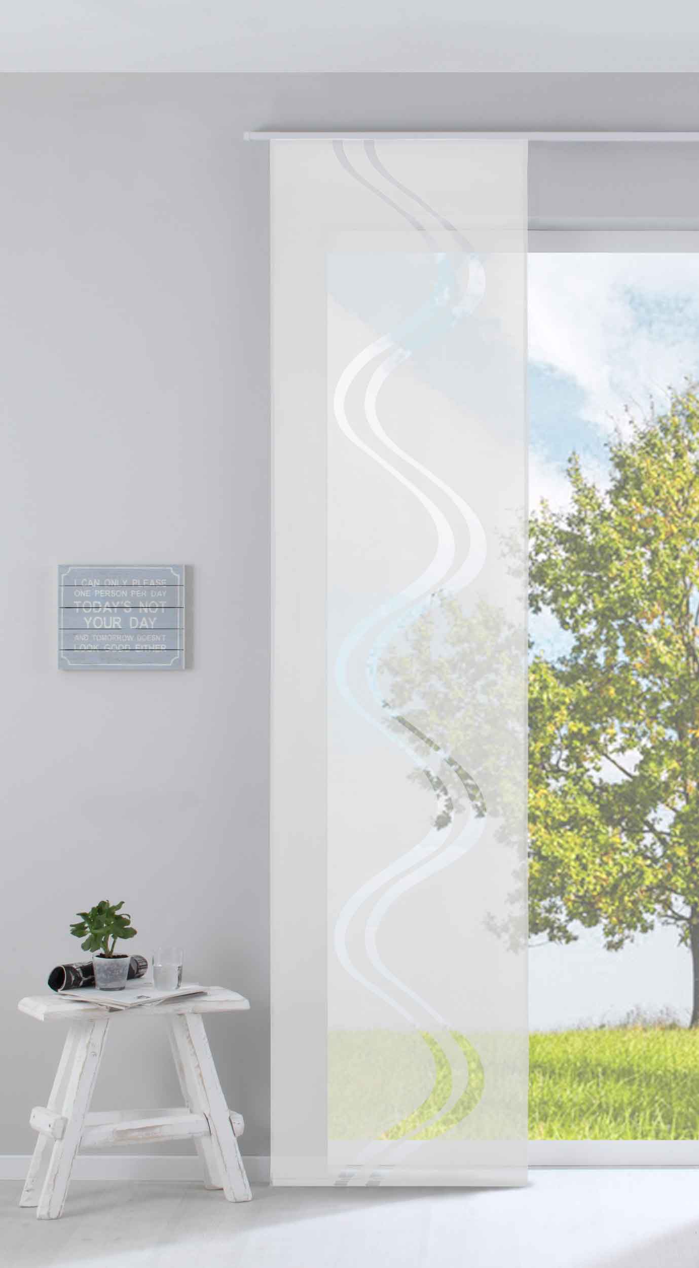 Moderner Flächenvorhang Raumtrenner Schiebegardine »Welle« aus hochwertigem Ausbrenner-Stoff mit Paneelwagen Beschwerungsstange 85615 Weiß Schiebegardine Moderner_Flachenvorhang_Raumtrenner_Schiebegardine_Welle_aus_hochwertigem_Ausbrenner-Stoff_mit_Paneelwagen_Beschwerungsstange_85615_-_Gardinenbox.de_-_-3686879 | Gardinenbox.de