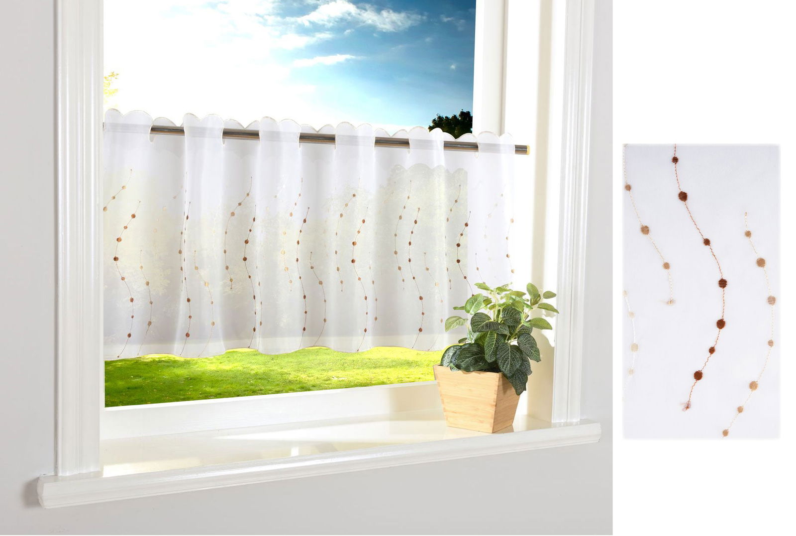 PUNKT Scheibengardine Durchzuglöcher für Gardinenstangen Scheibe Gardine Küche 112242 Braun Scheibengardine PUNKT_Scheibengardine_Durchzuglocher_fur_Gardinenstangen_Scheibe_Gardine_Kuche_112242_-_Gardinenbox.de_-_-3687610 | Gardinenbox.de